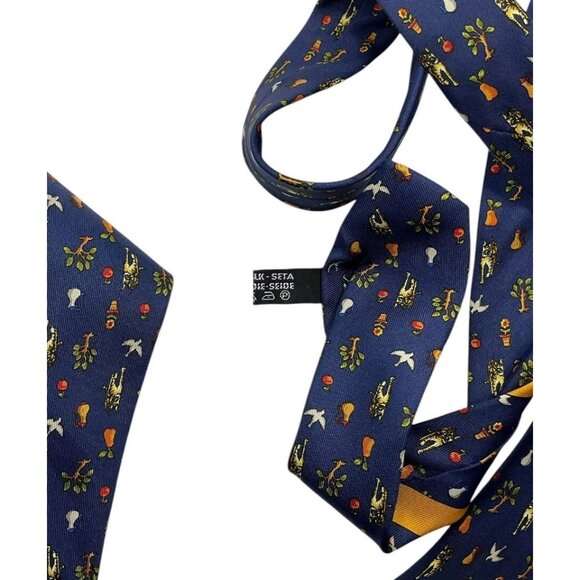 SALVATORE FERRAGAMO Silk Necktie LUXURY Blue Cat Pigeon Floral Fruit W:3.7" EUC - Picture 4 of 5